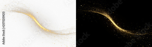 Canvas Print Abstract golden glitter wave swirl on white and black background, realistic glow
