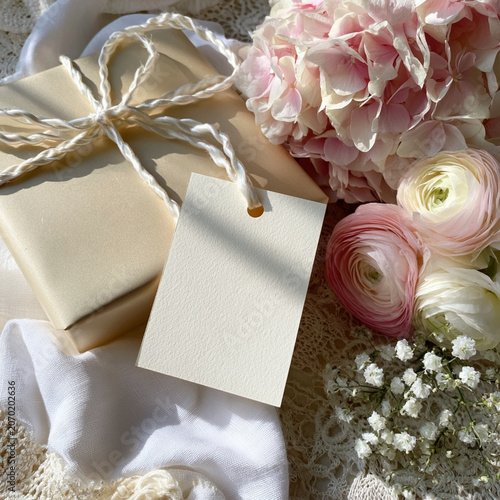 gift box scene with cream textured tag card hanging from silk string in soft romantic daylight styling