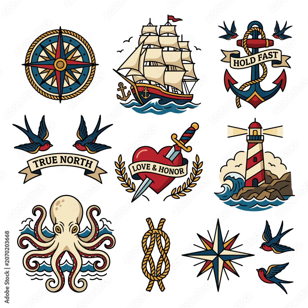 Fototapeta premium Nautical Tattoo Flash Art: Ship, Anchor, Compass, Heart, Octopus, Lighthouse, Birds