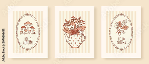 Autumn Cottagecore Postcard Set Featuring images of mushrooms, arrangements of autumn leaves and berries and acorns.