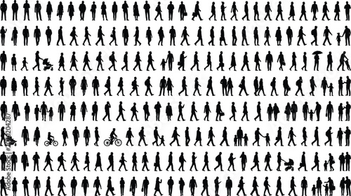 Foto Crowd of people silhouettes in black and white, large collection of walking huma