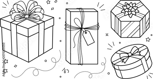 Foto Gift boxes line art vector icons collection with festive presents birthday celeb