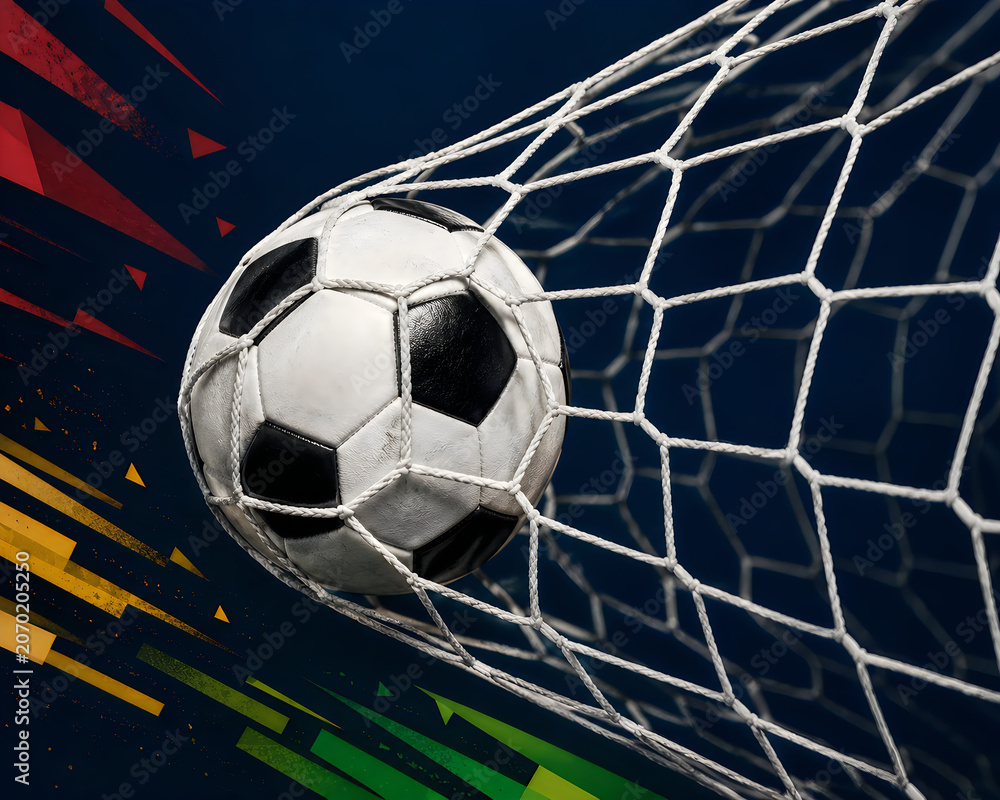 Fototapeta premium Soccer ball in net during a game with abstract colorful background and dramatic lighting