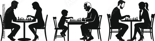 Photography People Playing Chess Silhouette Set with Couple on Date Grandfather and Grandson