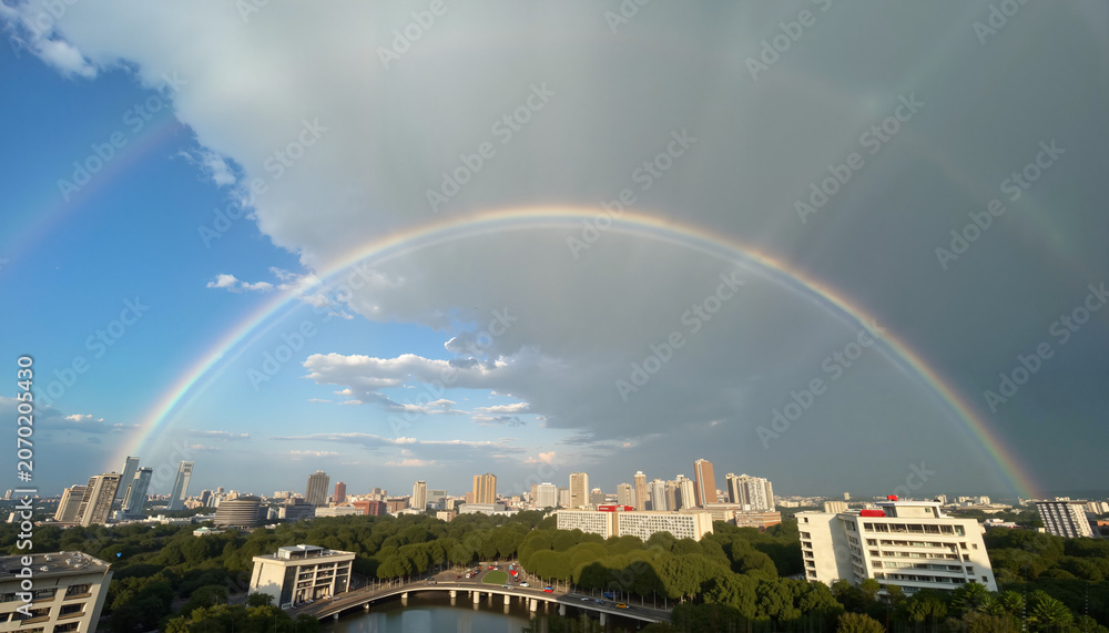 Naklejka premium Scenic rainbow over city skyline with dramatic clouds and vibrant colors highlighting urban landscape. Beautiful rainbow arcs across blue sky after rainstorm, creating an enchanting view of the city.