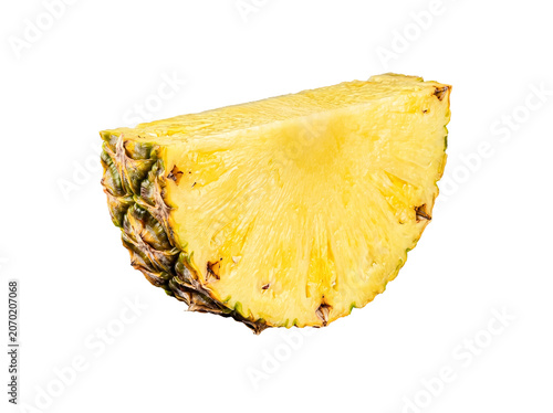 A succulent and ripe wedge of fresh tropical pineapple, showing juicy yellow flesh and textured skin.
