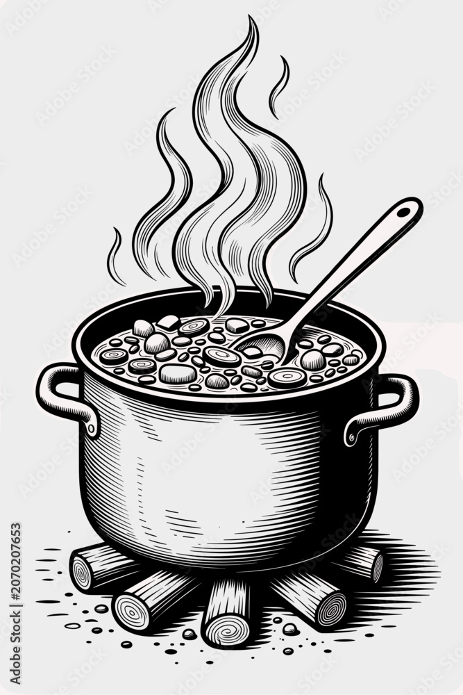 Αυτοκόλλητο A steaming pot of hearty soup simmers over firewood, rendered in a detailed black-and-white ink illustration