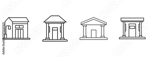 building icons including a house a bank and a gas station with columns and roof variations  architectural designs