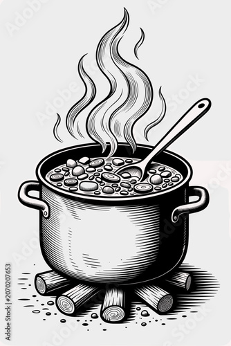 Quadro em tela A steaming pot of hearty soup simmers over firewood, rendered in a detailed black-and-white ink illustration
