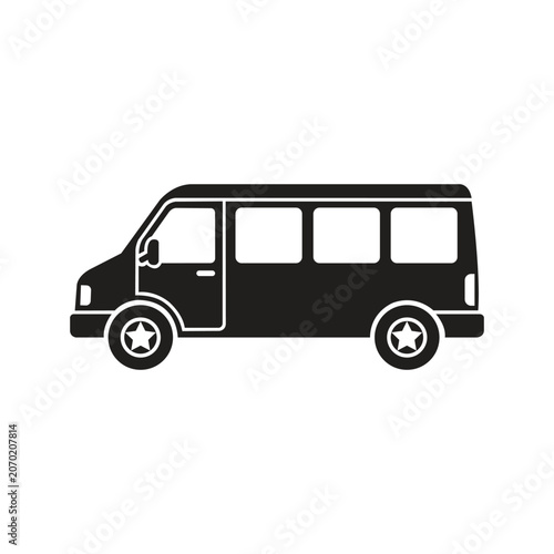 Side view of black vintage minibus with large windows parked on white background