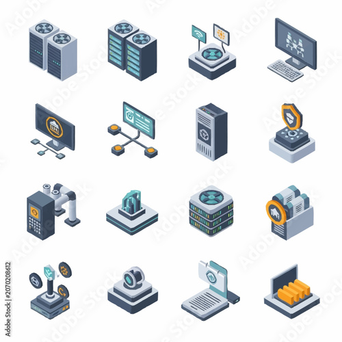 Colorful isometric technology and computer hardware icons set.