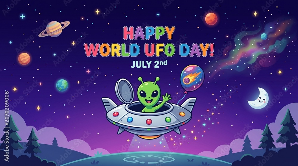Naklejka premium Happy World UFO Day Illustration with a Friendly Alien in a Flying Saucer Spacecraft Against a Colorful Cosmic Background Featuring Planets, Stars, and a Crescent Moon