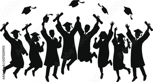 Foto Graduating students in academic regalia toss their caps in the air, celebrating