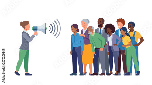 HR professional using megaphone to announce corporate news to a diverse multicultural group flat design vector illustration