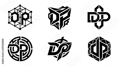 Collection of Six Unique DP Monogram Logos in Various Geometric and Stylized Designs.