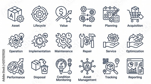 Asset Management Lifecycle Icons Showing Process Stages and Equipment Symbols