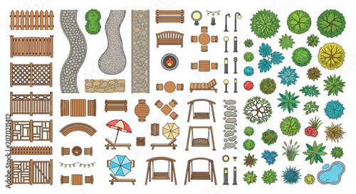 Foto Landscape Elements Vector Illustration With Trees Furniture And Pathways