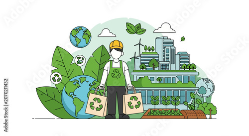 Eco-friendly worker with shopping bags and green city background.