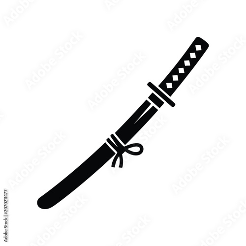 Konstfotografi Japanese katana sword silhouette with ornate handle and tied scabbard on white b