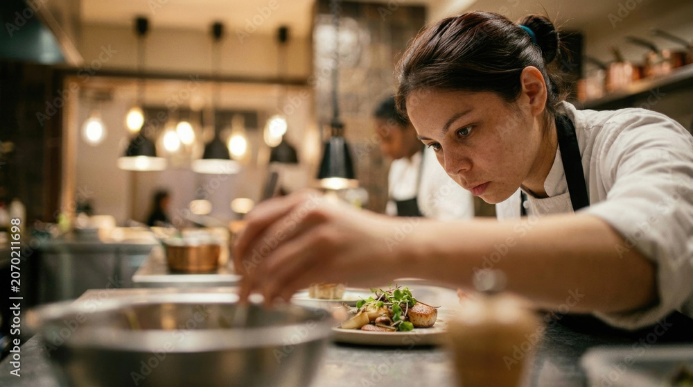 Naklejka premium Focused professional female chef meticulously plating an exquisite gourmet dish in a restaurant kitchen
