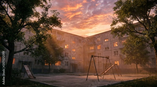 Quiet residential courtyard at sunset with apartment buildings and playground