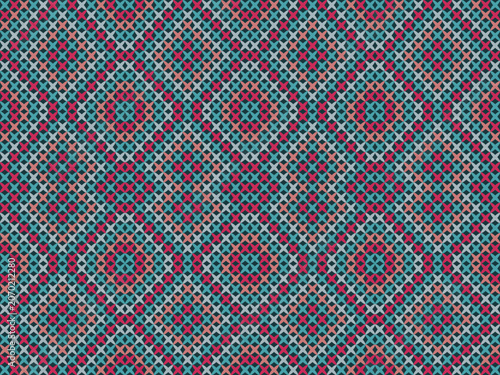 Modern knit pattern featuring circular medallions and geometric accents in teal, coral, and gray tones. Suitable for knitwear, accessories, blankets, upholstery, and contemporary textile projects.