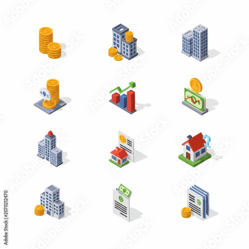 Colorful isometric icons representing business and finance concepts.
