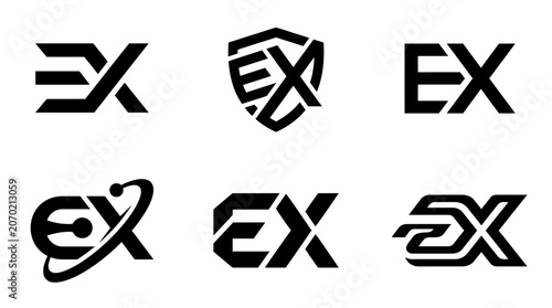 Collection of six distinct black and white EX letter logo designs.