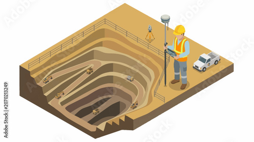 Isometric illustration of an open pit mining operation with machinery.
