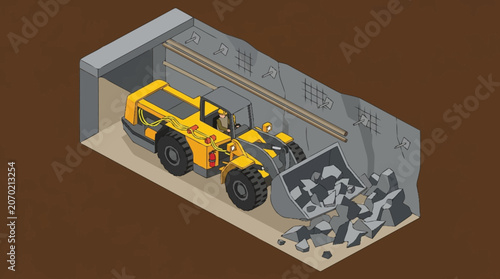 Yellow construction vehicle inside a modern industrial warehouse.