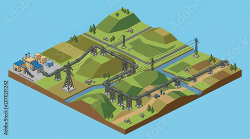 Colorful isometric landscape with farm fields and village.