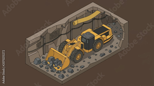Isometric illustration of construction site with heavy machinery.