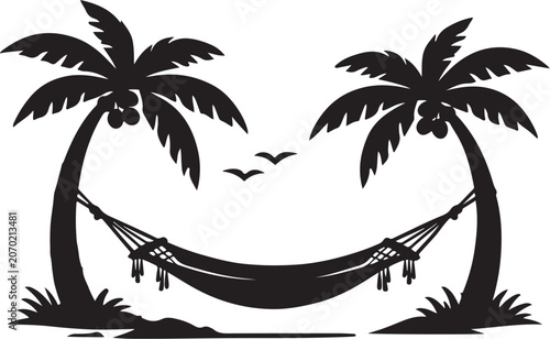 Black silhouette of a hammock between two palm trees tropical