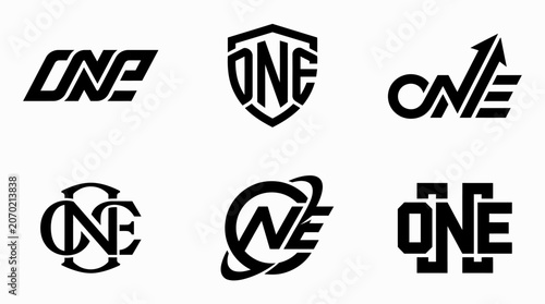 Set of six unique ONE word logos in various styles.