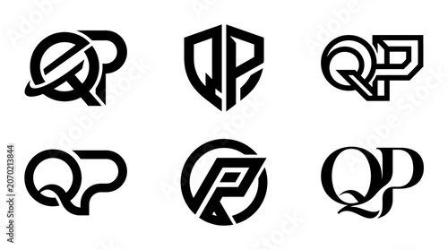 Set of six unique QP letter logos in various modern and abstract designs.