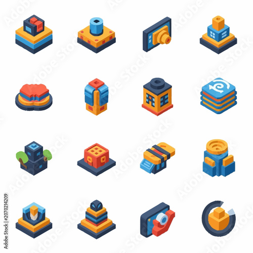 Colorful isometric icons of technology and business concepts.