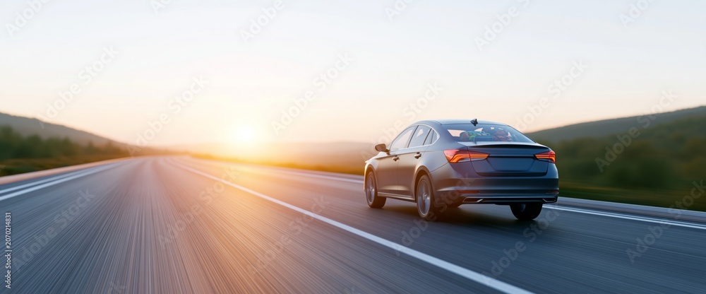 Obraz premium Modern sedan driving on open highway sunset