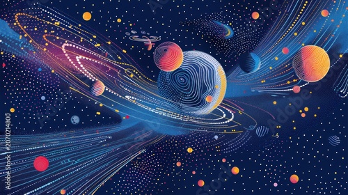 A vibrant abstract depiction of a solar system with multiple planets, rings, and swirling lines of light.