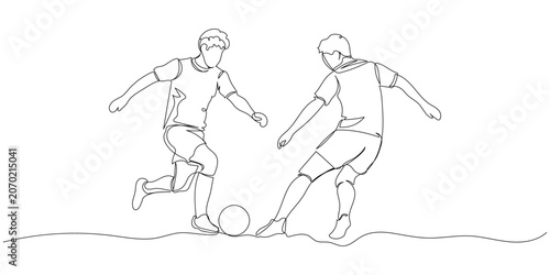 Two players playing soccer, single continuous line vector illustration. Minimalist hand-drawn sports illustration.