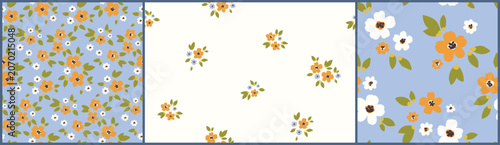 Seamless floral pattern, liberty ditsy print in delicate folk motif. Cute botanical design set. Simple hand drawn plants, small flowers, mini leaves, tiny bouquets on blue, white. Vector illustration.