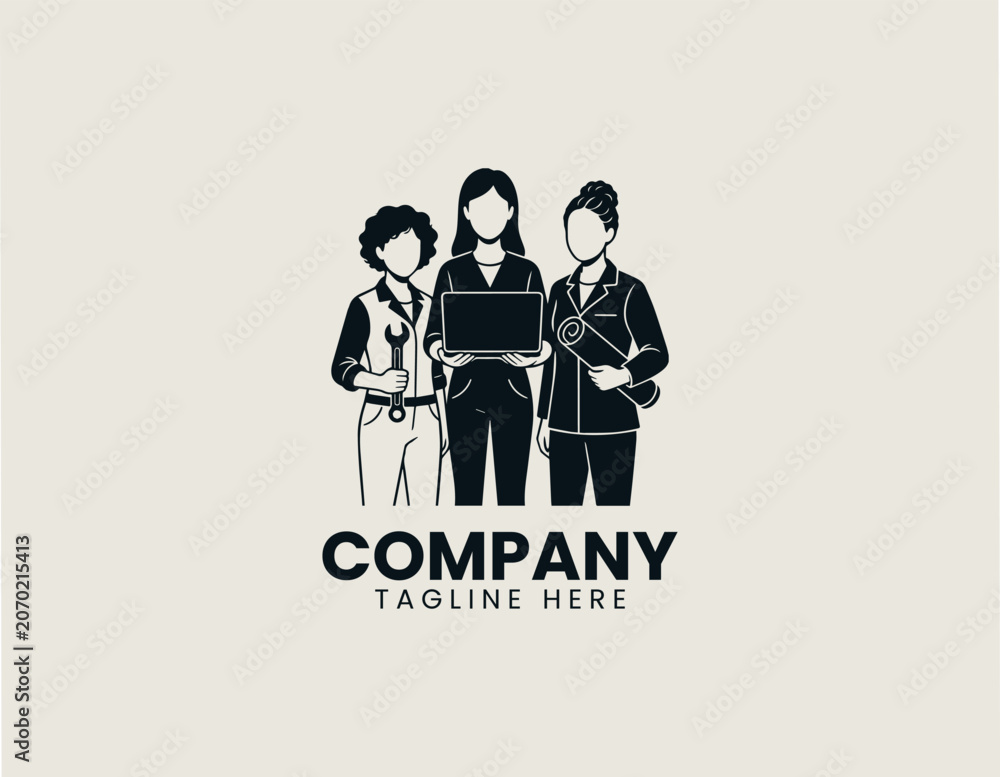 Naklejka premium diverse women engineer team inclusion STEM black white vector logo