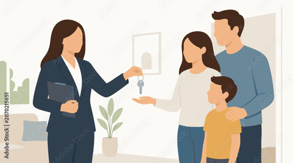Fototapeta premium A female real estate agent hands over a house key to a happy young family with a child in a bright interior scene in this warm flat vector illustration, ideal for real estate and property design.