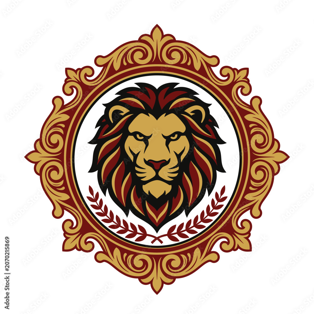 Obraz premium Lion mascot inside ornate frame with laurel wreath.