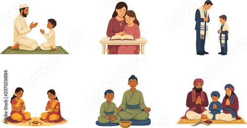Obraz na płótnie Diverse Religious Parents and Children Praying and Meditating Together Character