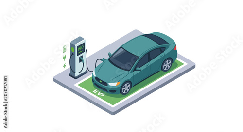 Isometric Electric Vehicle Charging Station Car Vector Illustration, EV Charging Point Automobile and Sustainable Transportation Concept