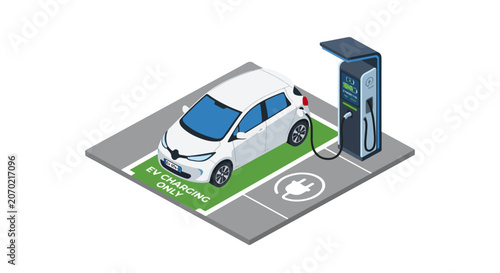 Isometric Electric Vehicle Charging Station Vector Illustration, EV Charging Point Automobile and Sustainable Transportation Concept