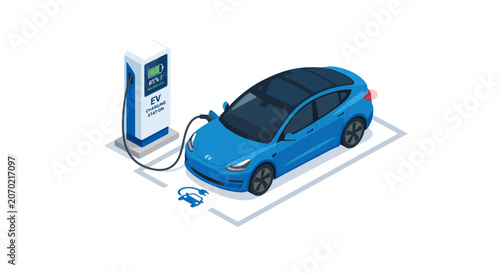 Isometric Electric Vehicle Charging Station Vector Illustration, EV Charging Point Automobile and Sustainable Transportation Concept