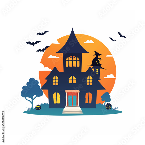 Flat illustration of a haunted house with witch and bats