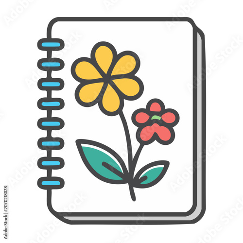 Flat illustration of a notebook with flowers and spiral binding