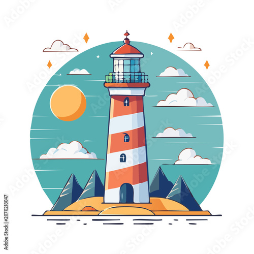 Flat illustration of a red and white lighthouse on an island